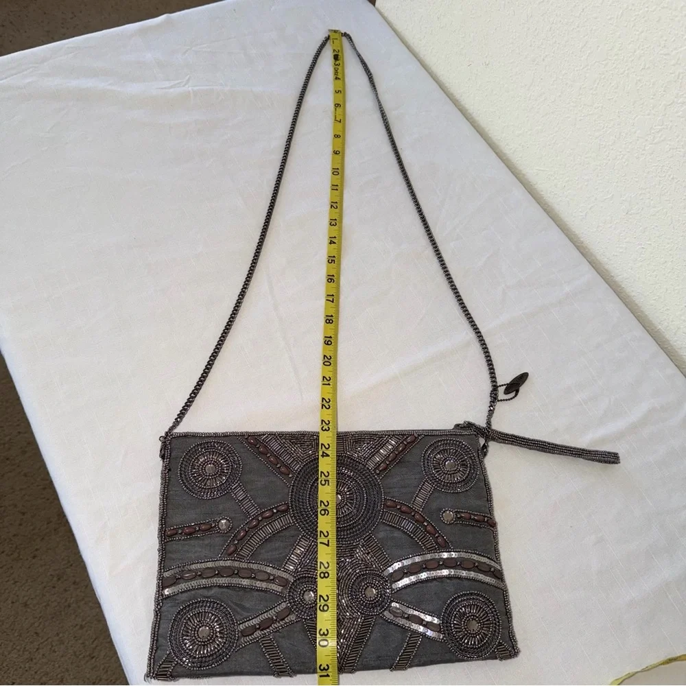 Vintage Mary Frances Gray Beaded Clutch crossbody with brown bead accents India